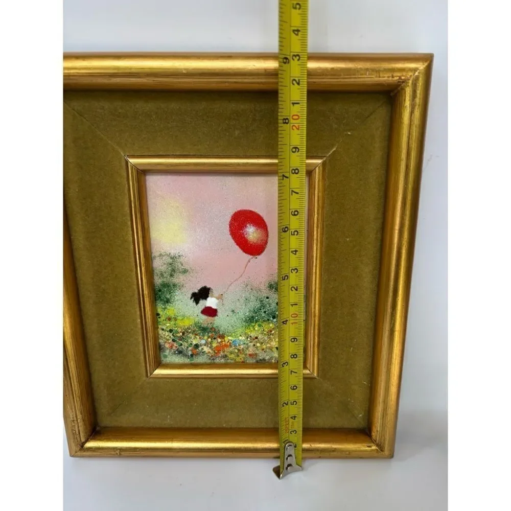 VNT LOUIS CARDIN SIGNED ENAMEL ON COPPER FRAMED PAINTING GIRL WITH RED BALLOON